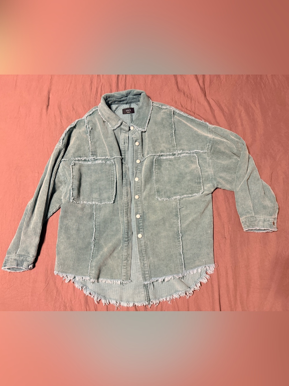 Vici Sage Green Distressed Corduroy Shacket